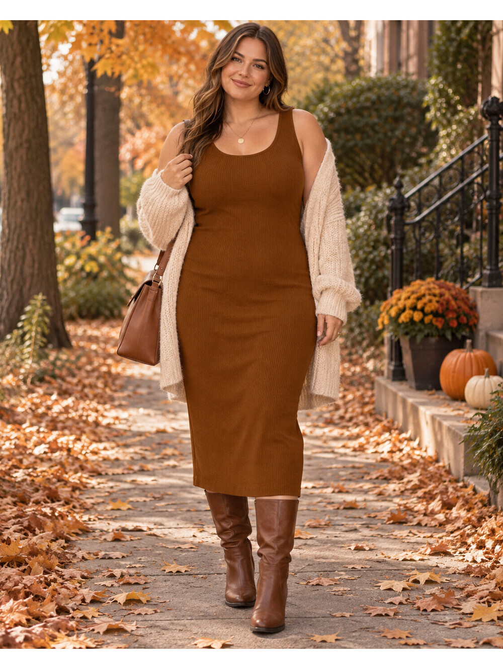 Old Navy Ribbed Knit Midi Dress Womens L Brown Sleeveless Bodycon Fall Casual